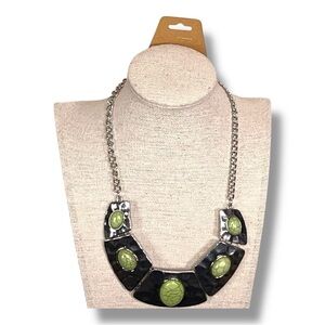 Silver Green Statement Necklace Boho Bohemian 16” Length